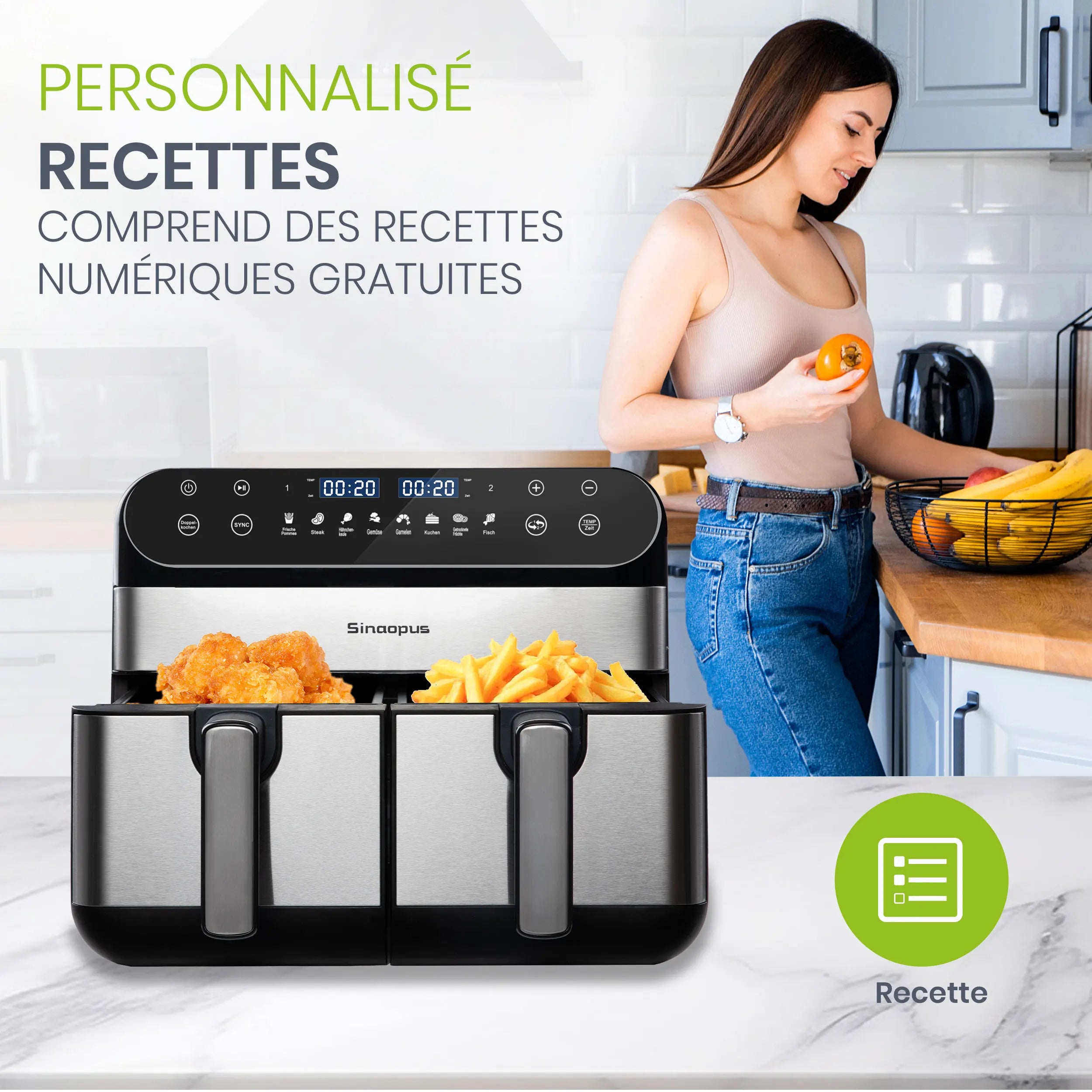 Friteuse à Air Chaud Sinaopus 10 L – Double Panier avec Écran Tactile LED et Cuisson Sans Huile