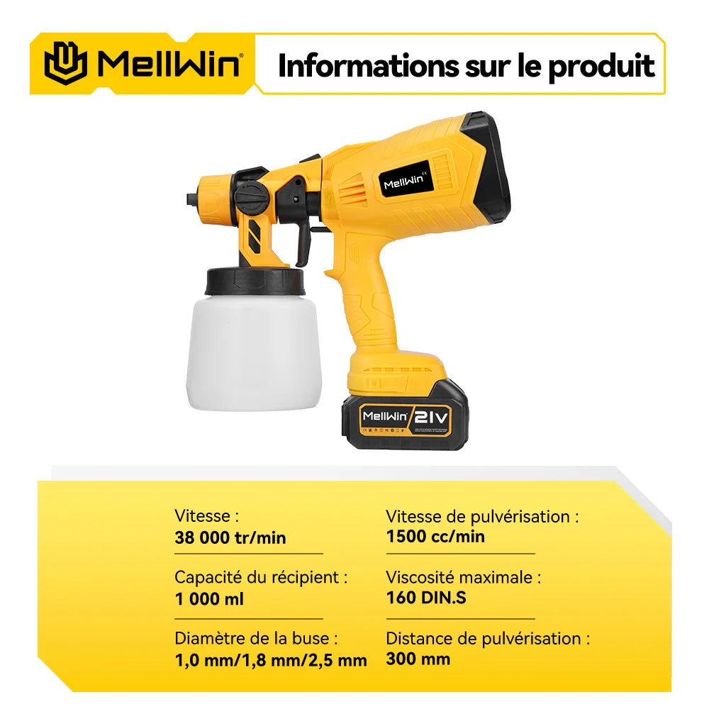 Pistolet de pulvérisation électrique sans fil MELLWIN 1000ML – Pulvérisateur HVLP pour meubles, voiture et usage domestique avec broche Makita 18V