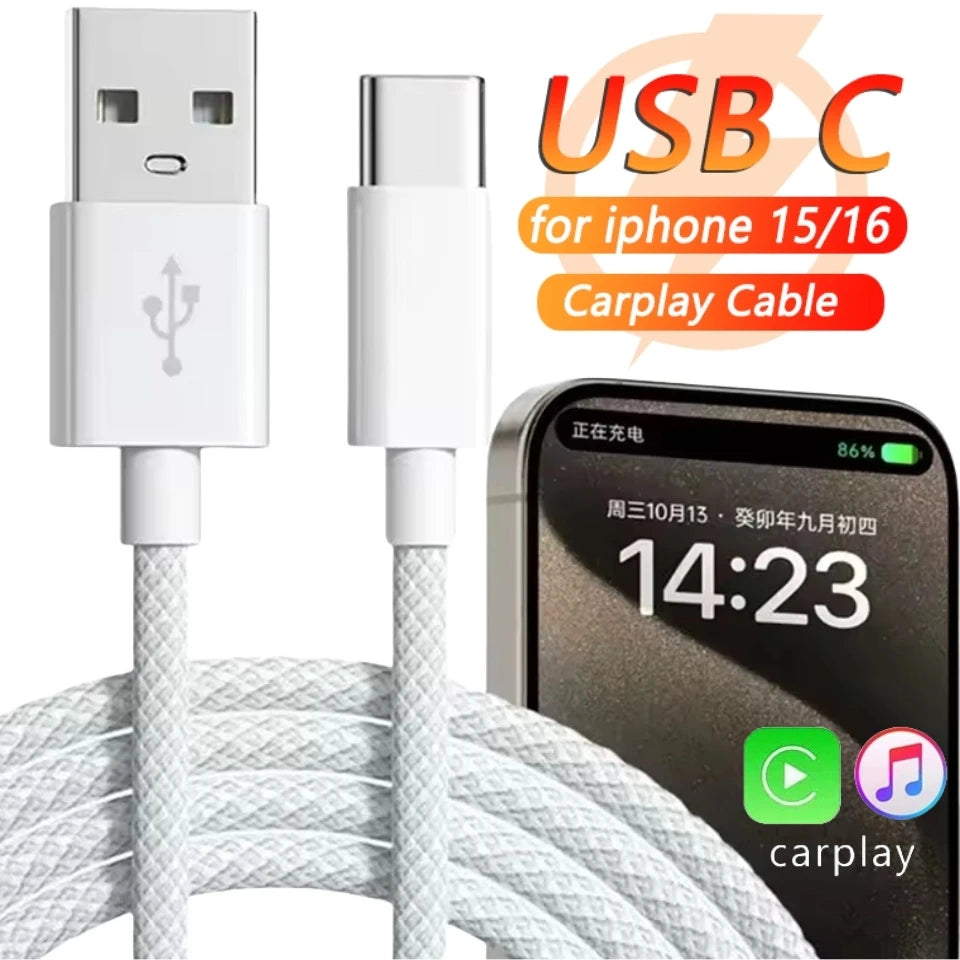 Câble USB-A vers USB-C tressé nylon – Charge rapide 22,5 W – Compatible Apple CarPlay iPhone 15 / 16 Pro / Pro Max / Plus