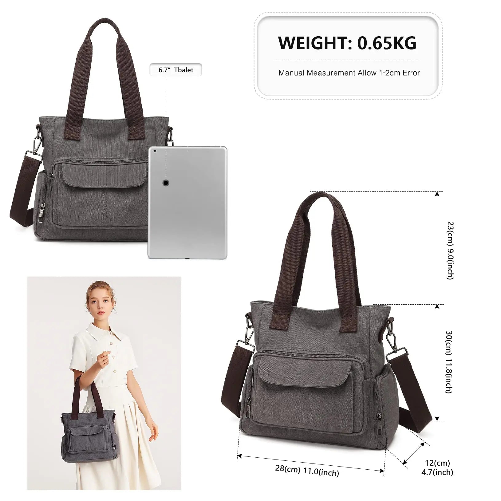 Grand sac à main en toile pour femmes KONO – Sac à bandoulière polyvalent, résistant et léger pour le travail, les voyages et le quotidien