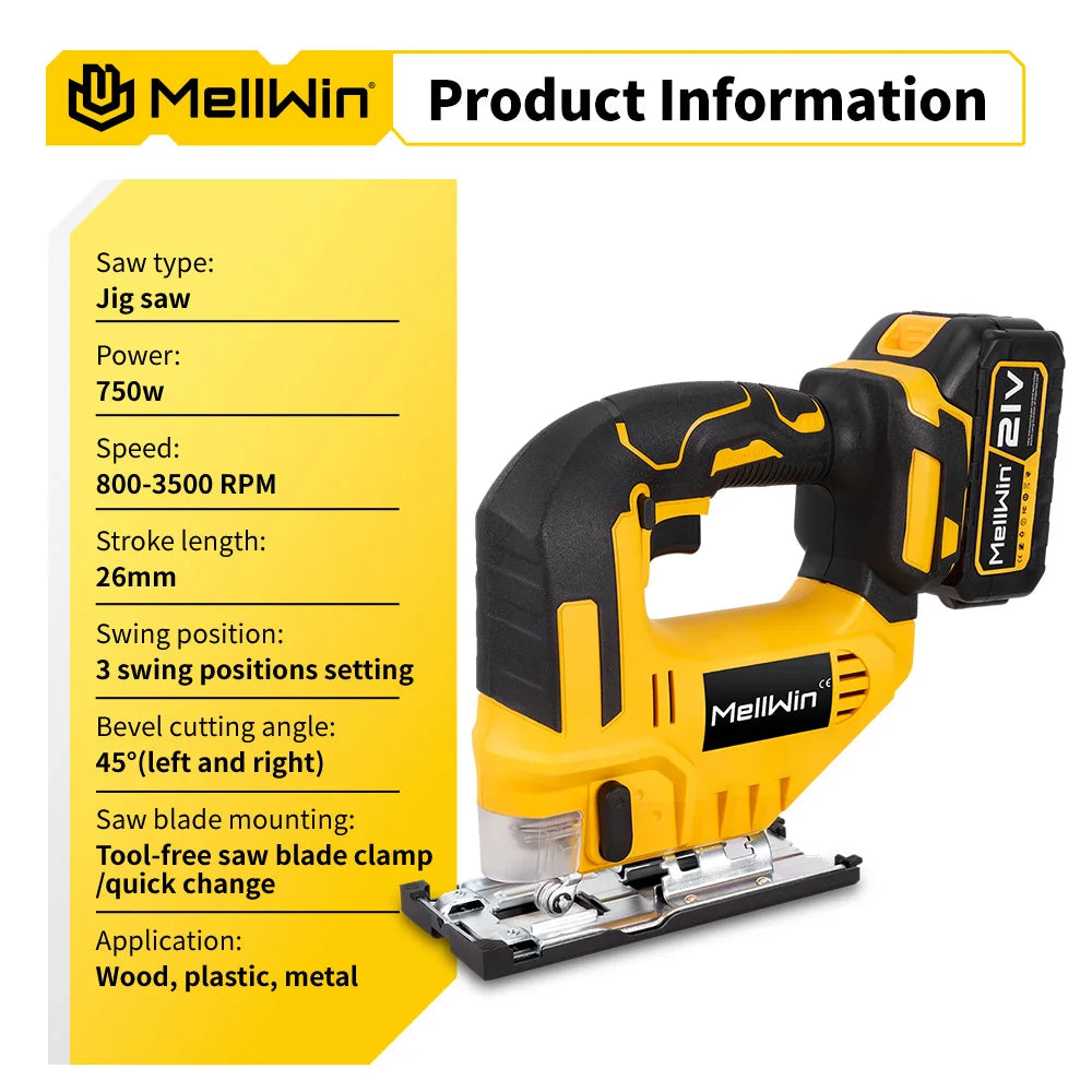 MELLWIN 3500 tr/min scie sauteuse électrique sans fil 31 lames scie courbe sans fil outil de travail du bois multifonction pour Makita broche de batterie 18V