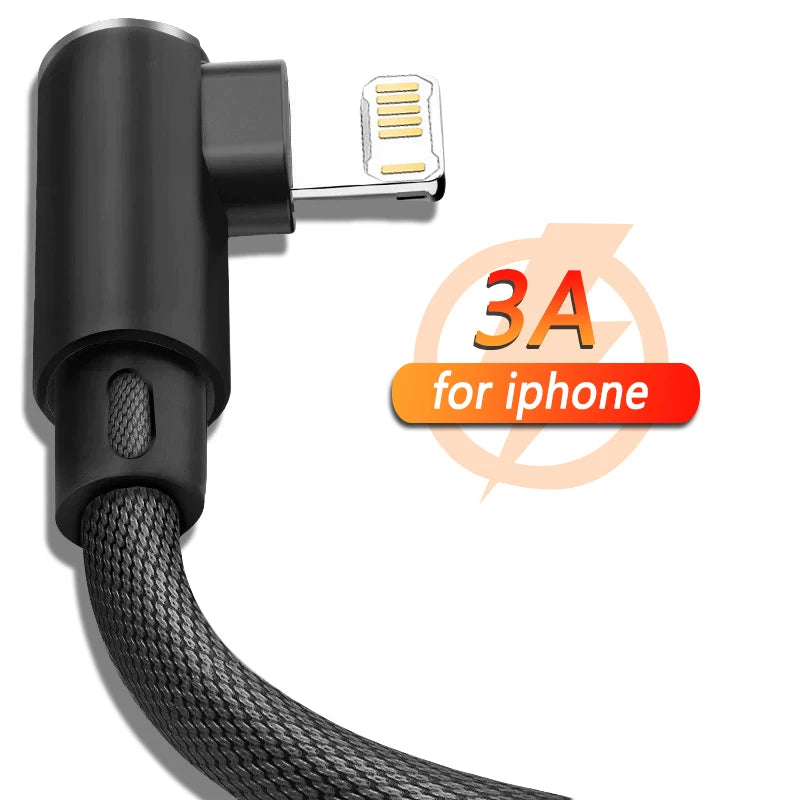 Câble USB à 90 degrés pour iPhone 14 13 12 11 Pro Max X XR 6s 7 8 Plus, cordon de charge rapide pour téléphone portable, fil de chargeur de données