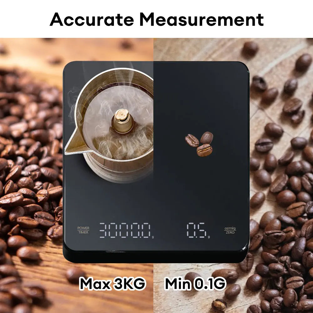 Balance à café numérique avec minuterie, écran LED, expresso, USB, 3kg max, pesée de 0.1g, mesures de haute précision en Oz, ml, g, balance de cuisine