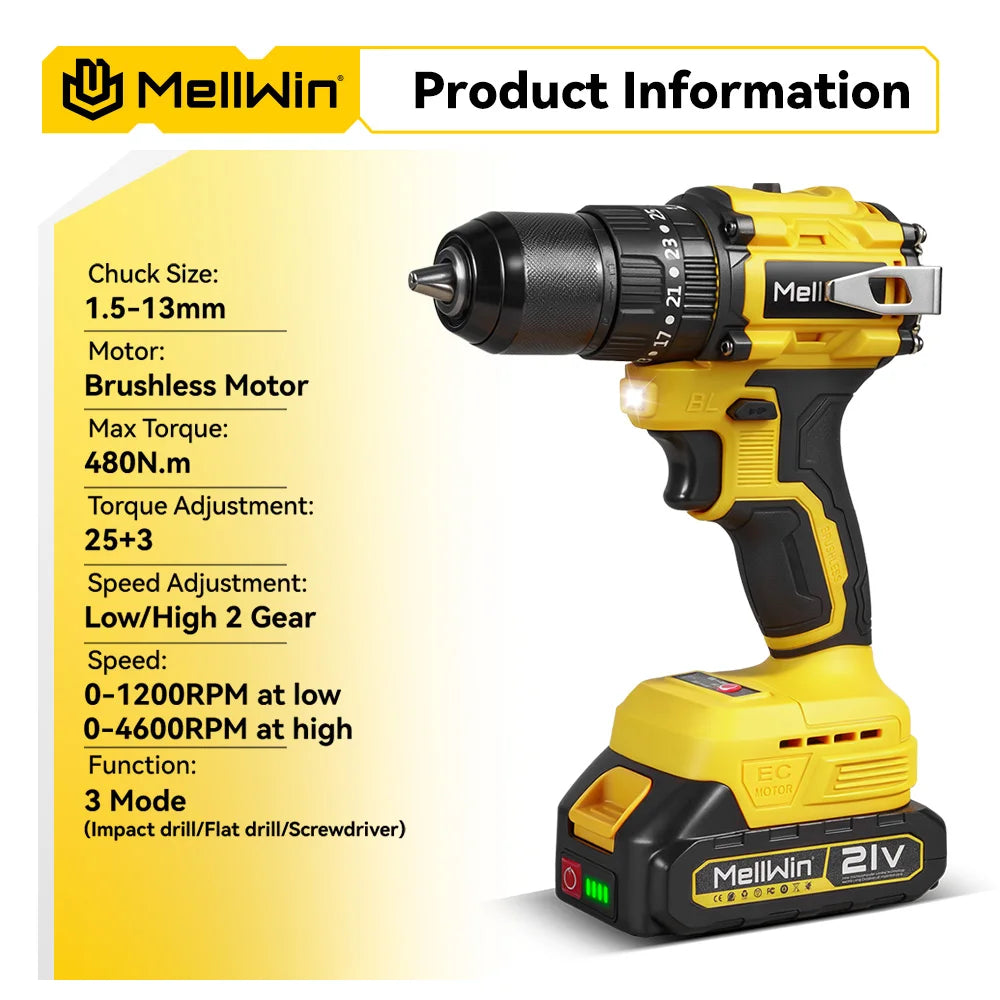 Perceuse à percussion électrique sans balais 480 N.m MELLWIN – 3-en-1 tournevis multifonction sans fil pour Makita 18 V