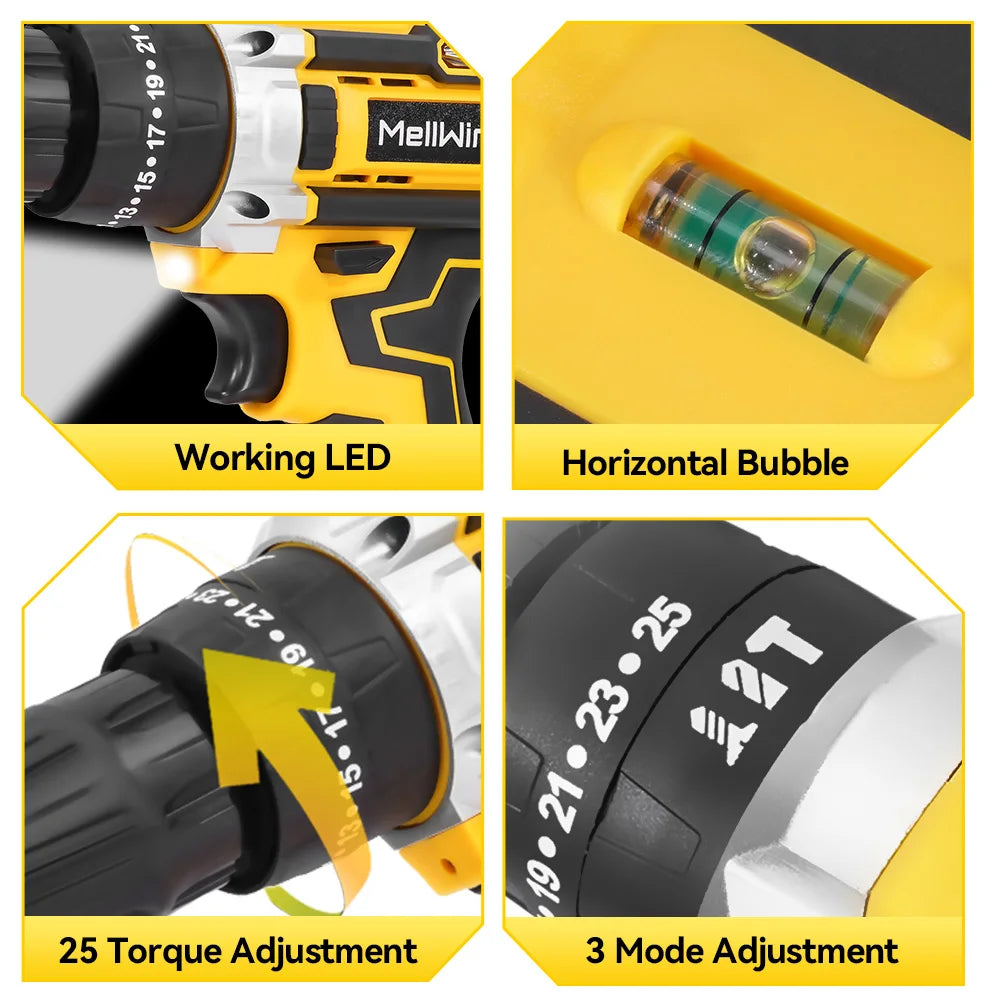 Perceuse électrique sans fil 12 V MELLWIN, Mini pilote d’alimentation polyvalent, couple 25+3, tournevis 2 vitesses réglables