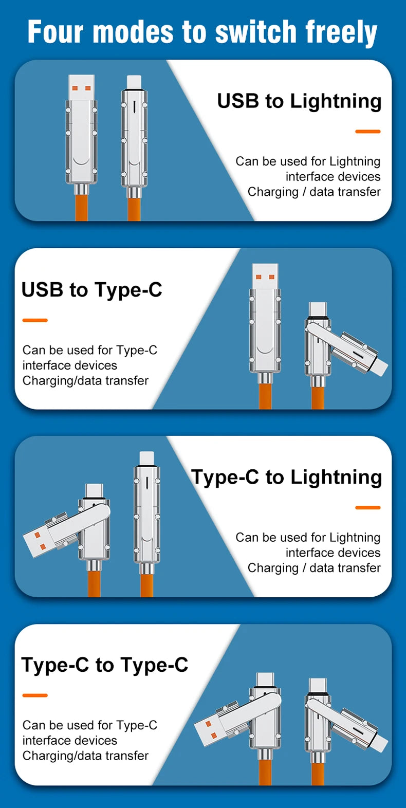 Câble de données 4 en 1 PD 120W – charge rapide pour Huawei, Xiaomi, iPhone