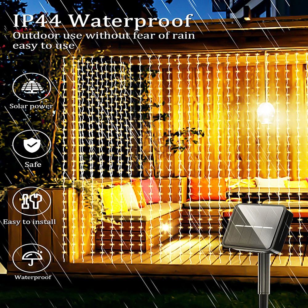 300 LED Solar Curtain Lights Outdoor Waterproof Garden Yard Pavilion Fairy String Lights Decoration 