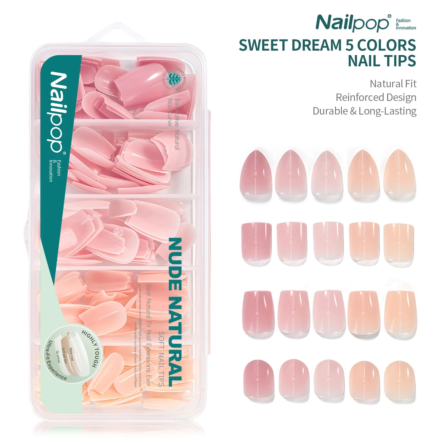 Kit de Faux Ongles 140/150 pièces Nailpop Sweet Dream – , Presse Courte, 5 Couleurs, Formes Amande/Cercueil/Carré/Oval, 14/15 Tailles