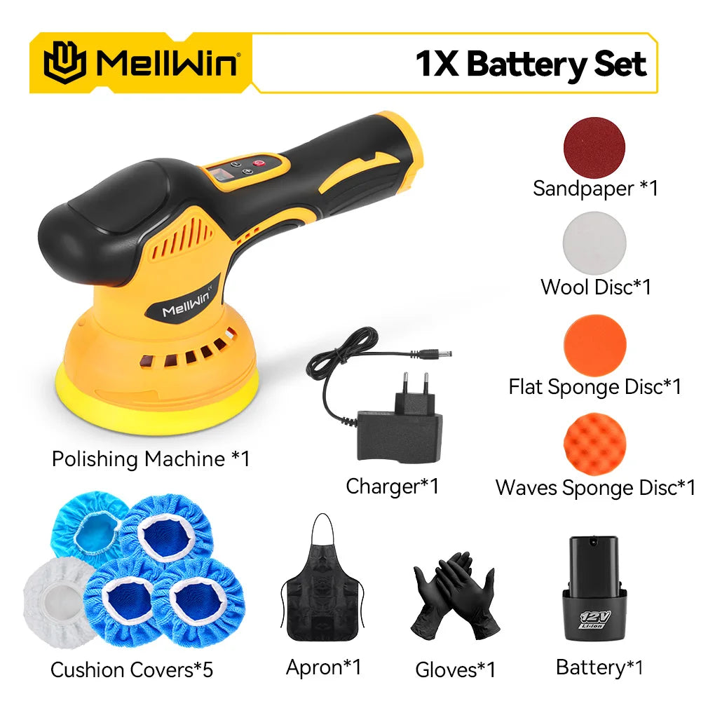 Polisseuse de voiture électrique sans fil MELLWIN 125 mm – 8 vitesses avec affichage numérique pour batterie 12 V
