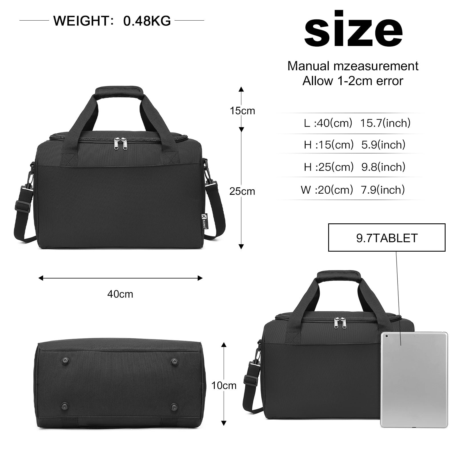 Sac de voyage cabine KONO 40×20×25 cm – Bagage à main avion, homme et femme
