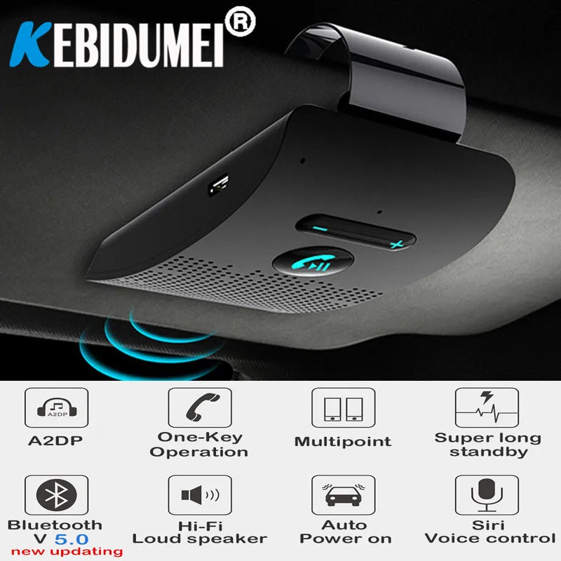 Bluetooth 5.0 Handsfree Car Kit, HIFI Speakerphone, 2W Wireless Audio Receiver, MP3 Music Player, Noise Cancelling, Sun Visor Clip 