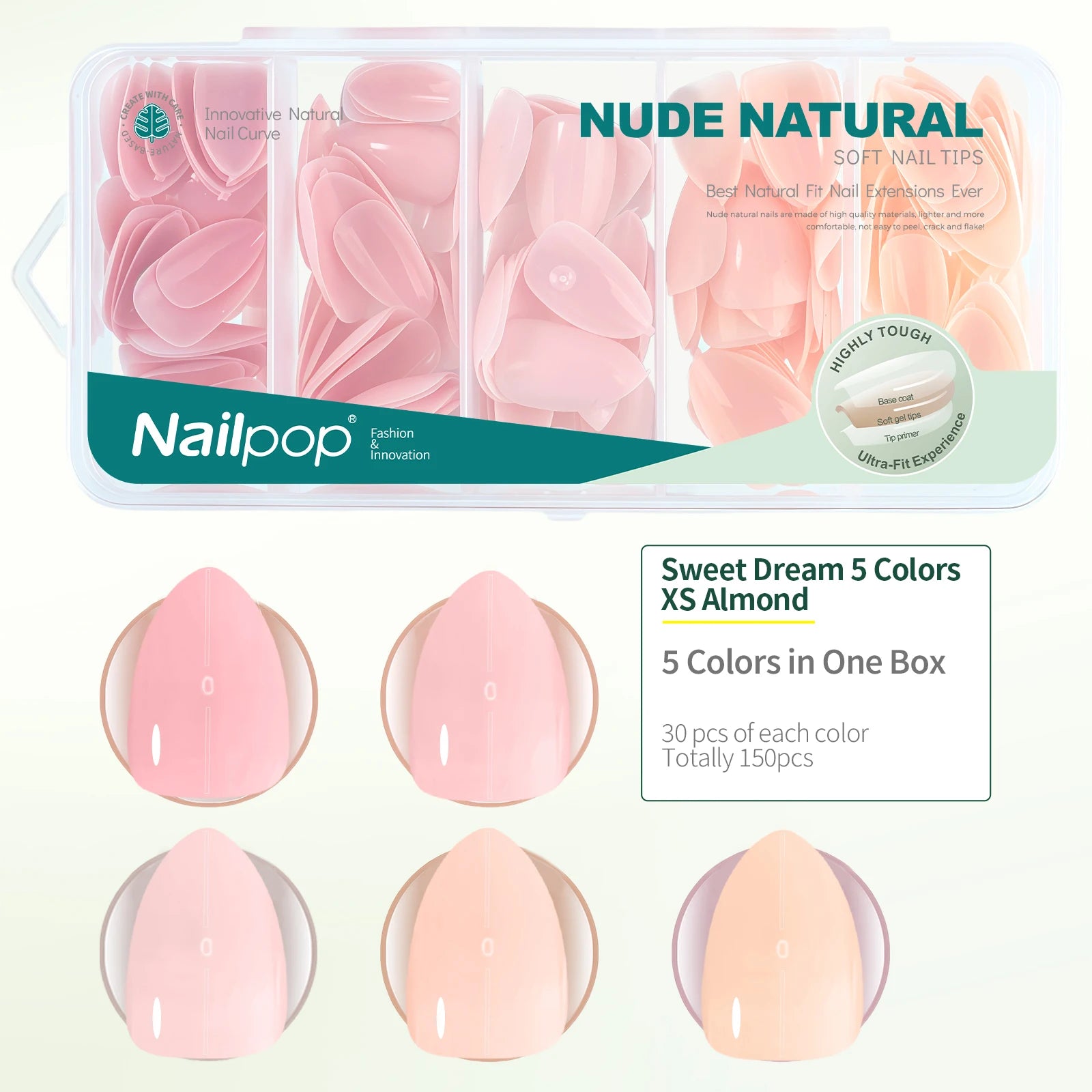 Kit de Faux Ongles 140/150 pièces Nailpop Sweet Dream – , Presse Courte, 5 Couleurs, Formes Amande/Cercueil/Carré/Oval, 14/15 Tailles