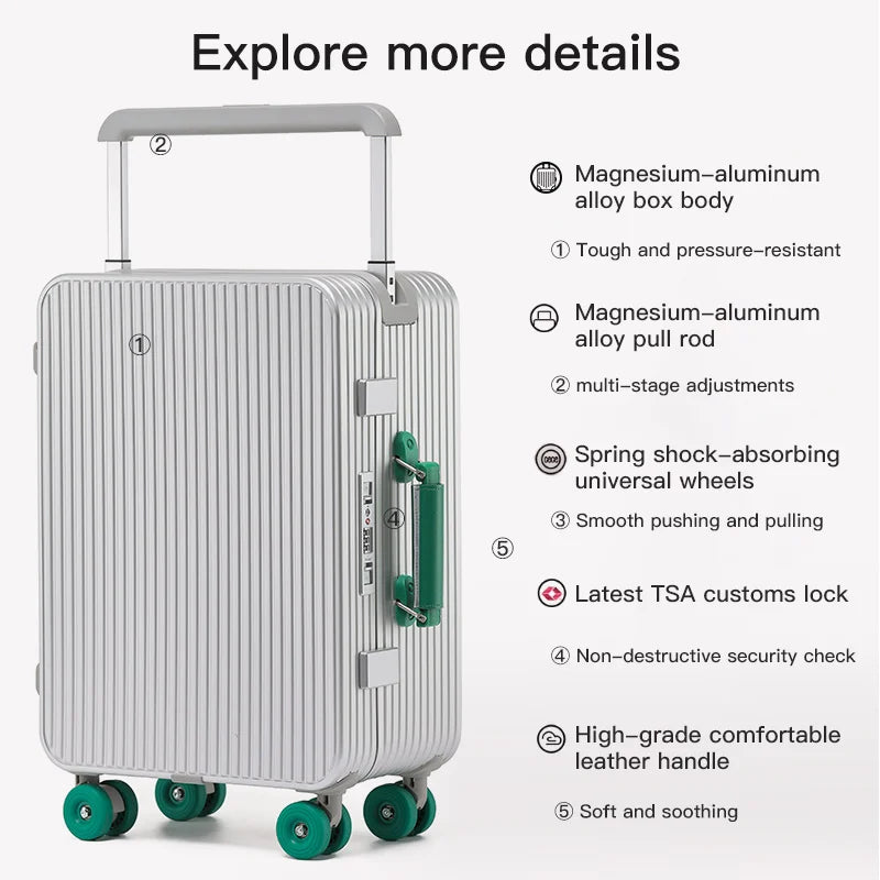 Valise trolley tout en alliage d’aluminium et de magnésium pour voyage SUSHIMU – 20, 24 et 26 pouces