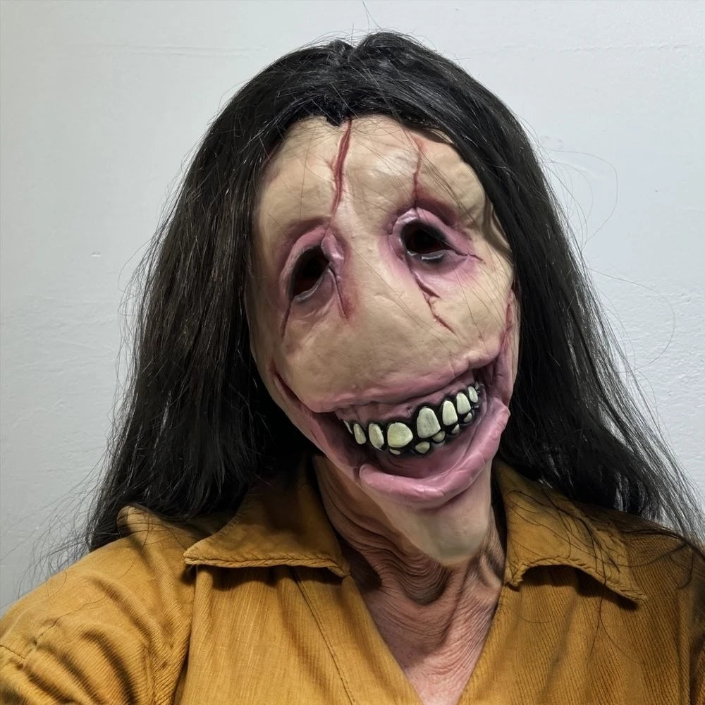 Perruque longue en caoutchouc pour adultes, masque facial moche du diable sanglant de Zombie, masque effrayé d'halloween pour accessoire de fête Cosplay