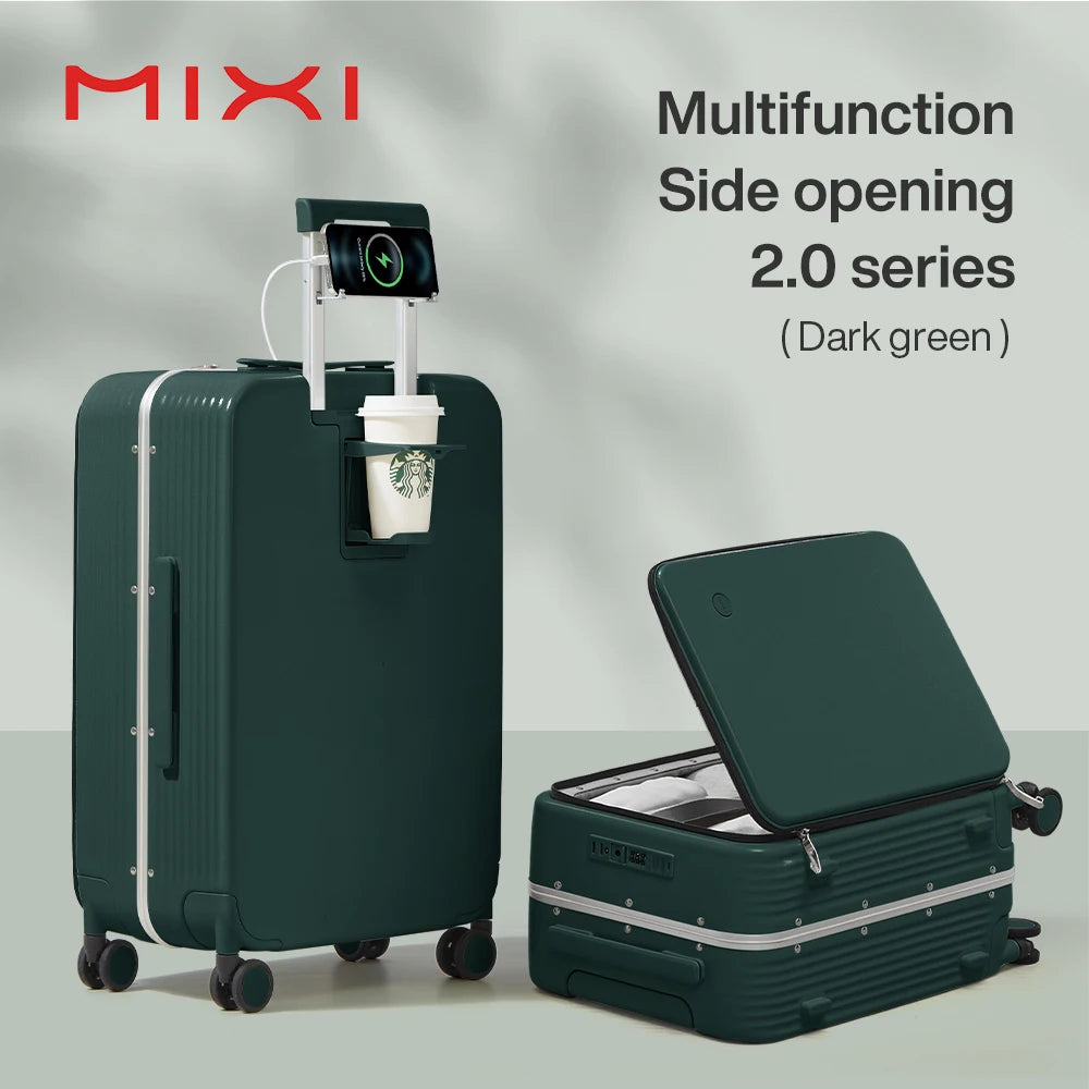 Valise Mixi M9286 – Bagage rigide à roulettes avec cadre aluminium, port USB, porte-gobelet et support téléphone, 20 et 24 pouces