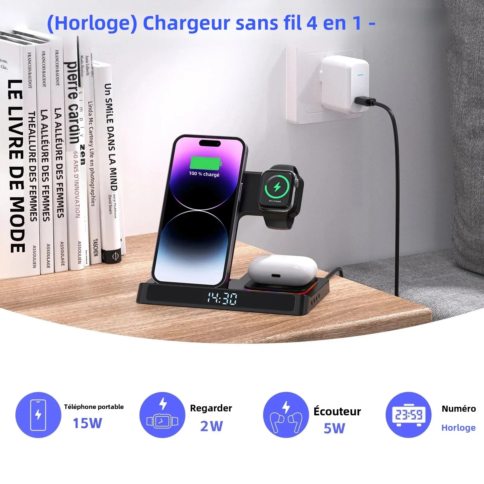 Support de chargeur sans fil pliable 4 en 1, pour IPhone 15 14 13 12 pour Apple Watch 9 8 Airpods Pro iWatch, Station de charge rapide