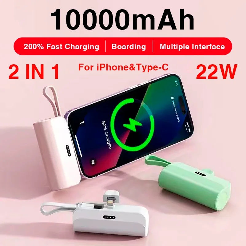 2 in 1 Mini Power Bank Portable External Battery Pack 10000mAh Plug Play Type C Fast Charger for iPhone Huawei