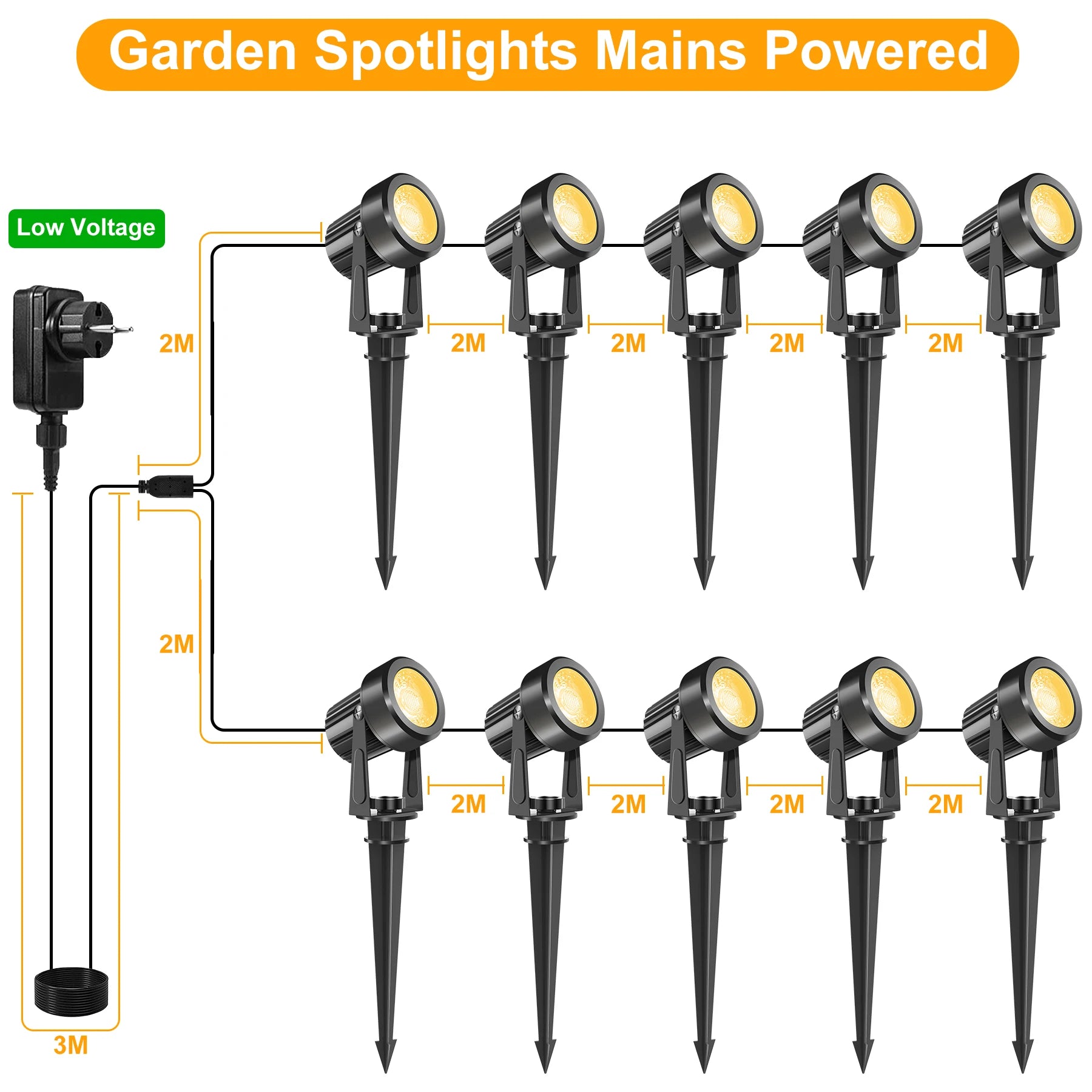 12V/27V LED Niedervolt Gartenbeleuchtungsset – 2 bis 10 Leuchten, 800LM, IP65 wasserdicht, warmweißes Licht 3000K