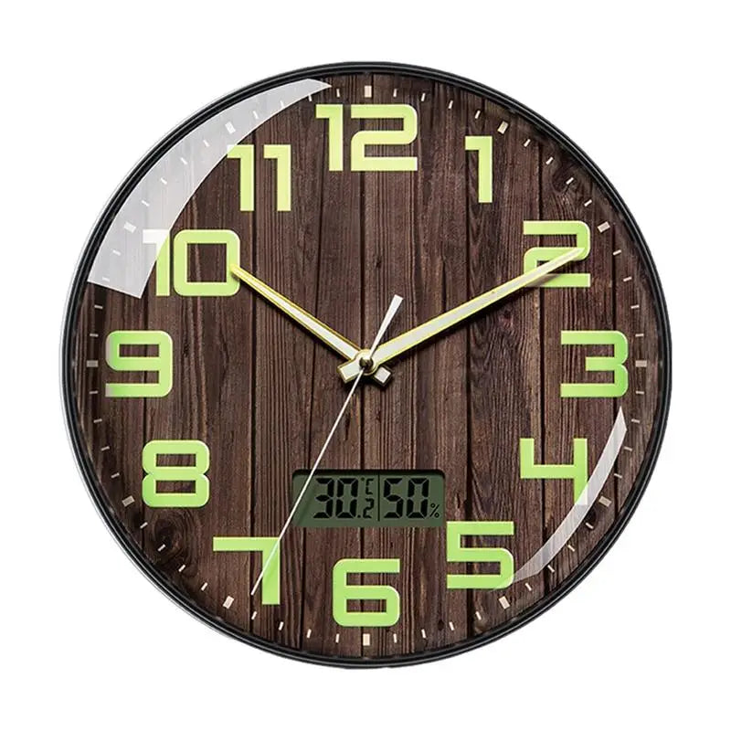 Silver Wall Clock Battery Operated with LCD Display, Non-Ticking, Kitchen, Temperature and Humidity, 12" 