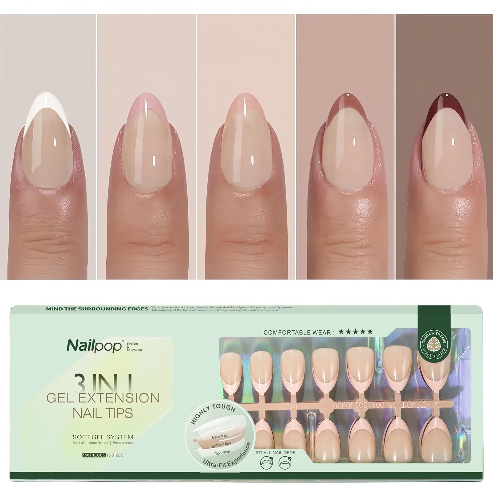 Pointes d’Ongles en Gel Français Pré-Colorées - Nailpop 150 pièces