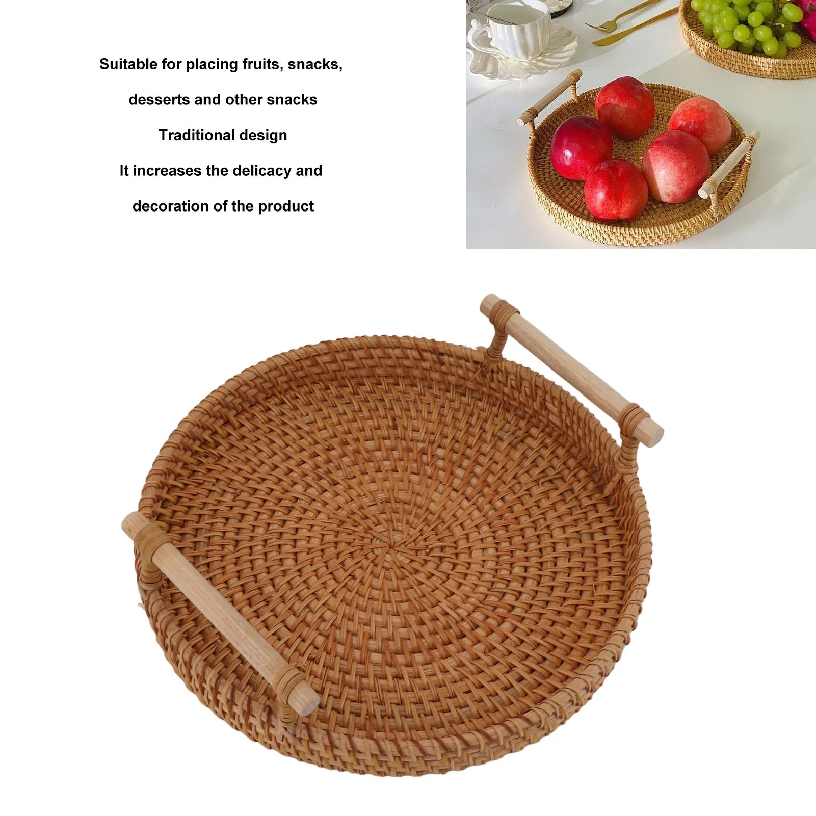 Rattan and Solid Wood Tea Plate, Round Food Service, Hand-Woven, Exquisite Decoration, Storage Display, JxFruit 