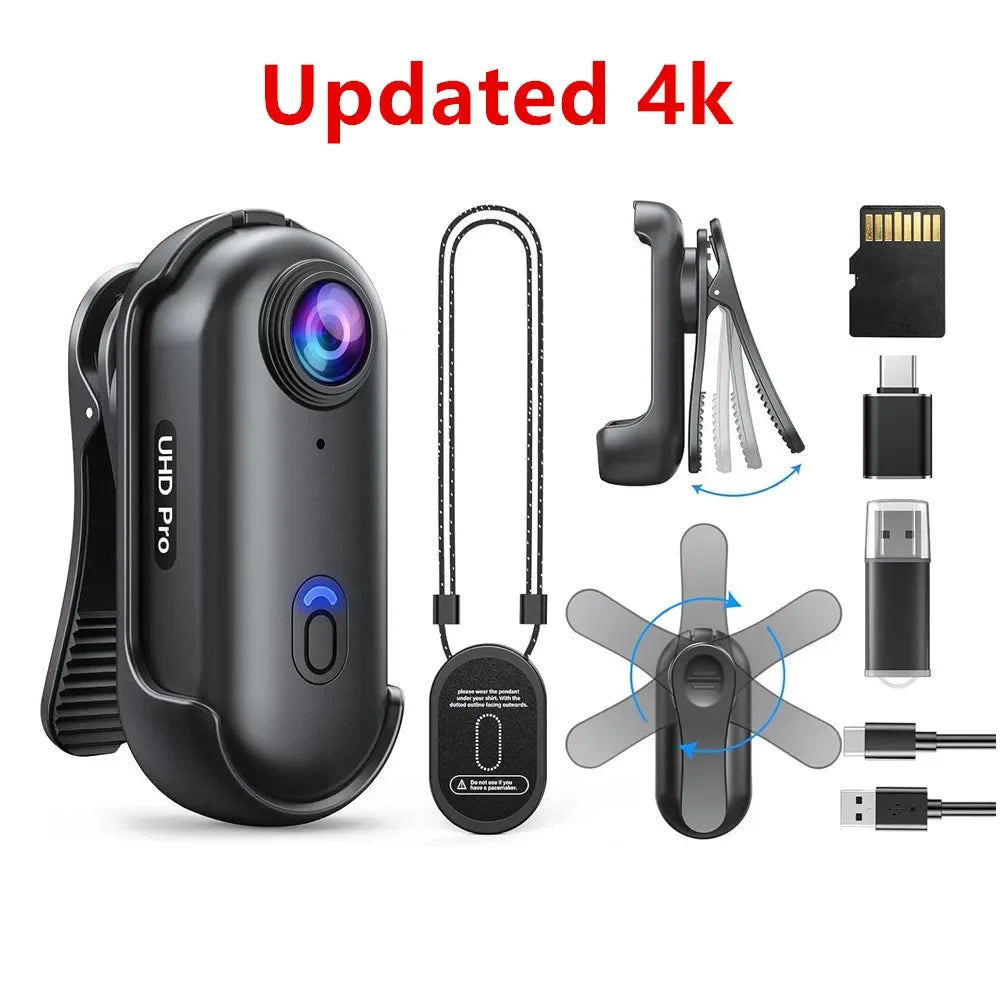 Mini caméra corporelle W4 1080P – Caméra 4K portable avec clip rotatif et support de casque