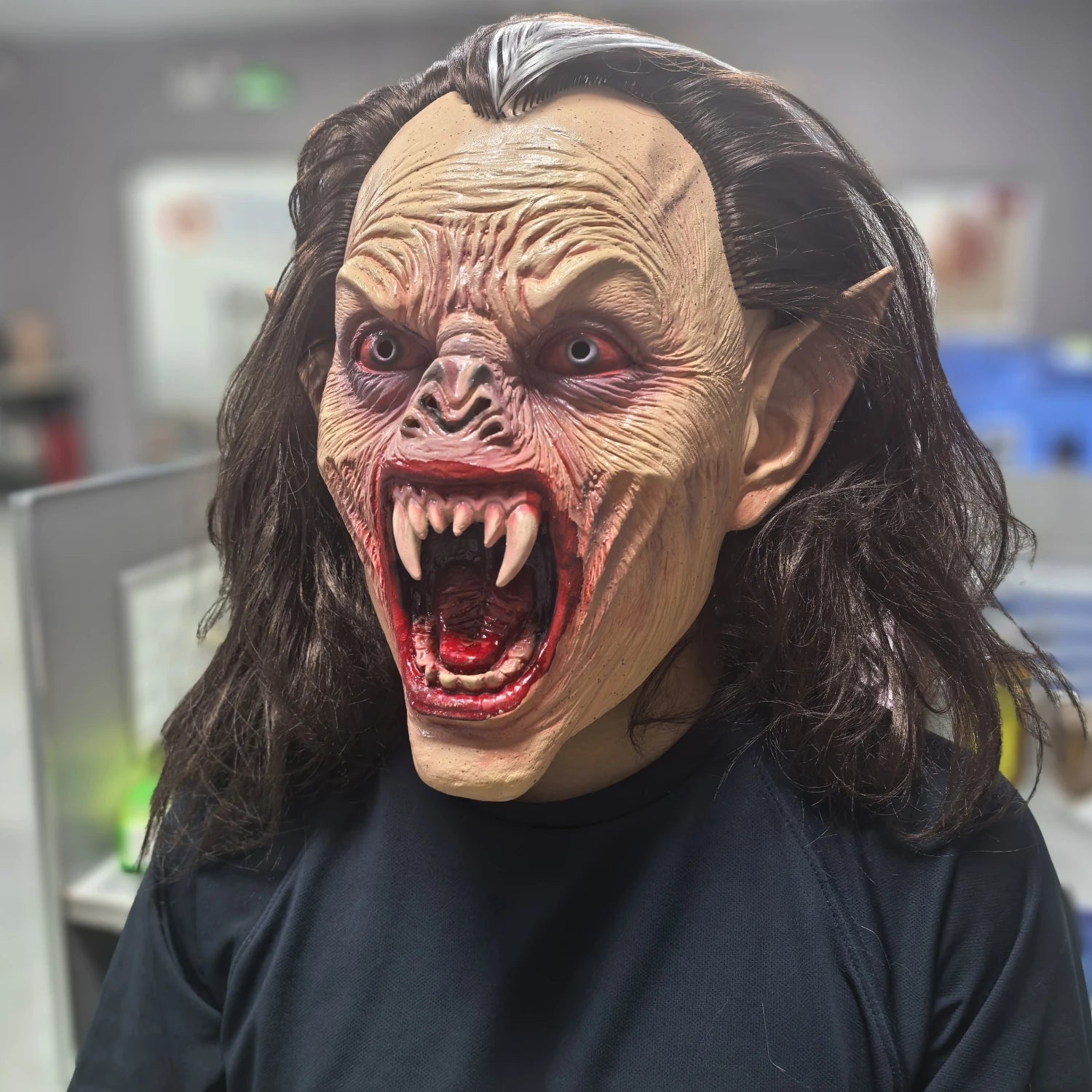 Costume de Vampire réaliste pour adultes, masque en caoutchouc avec cheveux longs et dents tranchantes pour les nuits d'horreur d'halloween