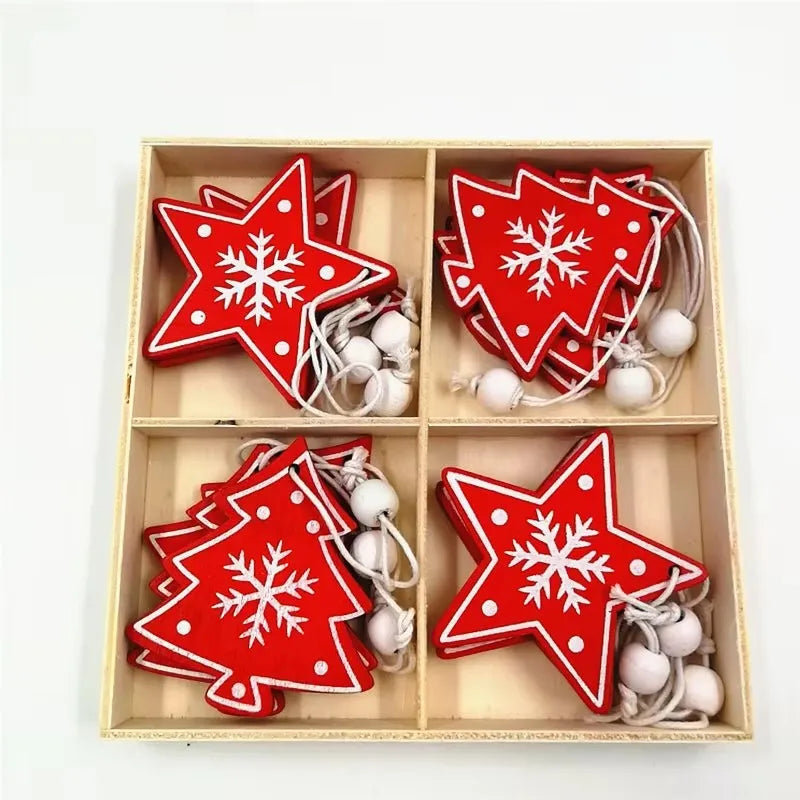 Ensemble 12 Pendentifs de Noël en bois, cloche, flocon, élan et étoile, décorations suspendues pour sapin