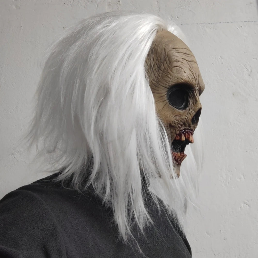 Masque de tête de Zombie effrayant, masque de Vampire pour adultes, cheveux blancs, Costume effrayant, accessoires de décoration fantôme d'horreur d'halloween en Latex