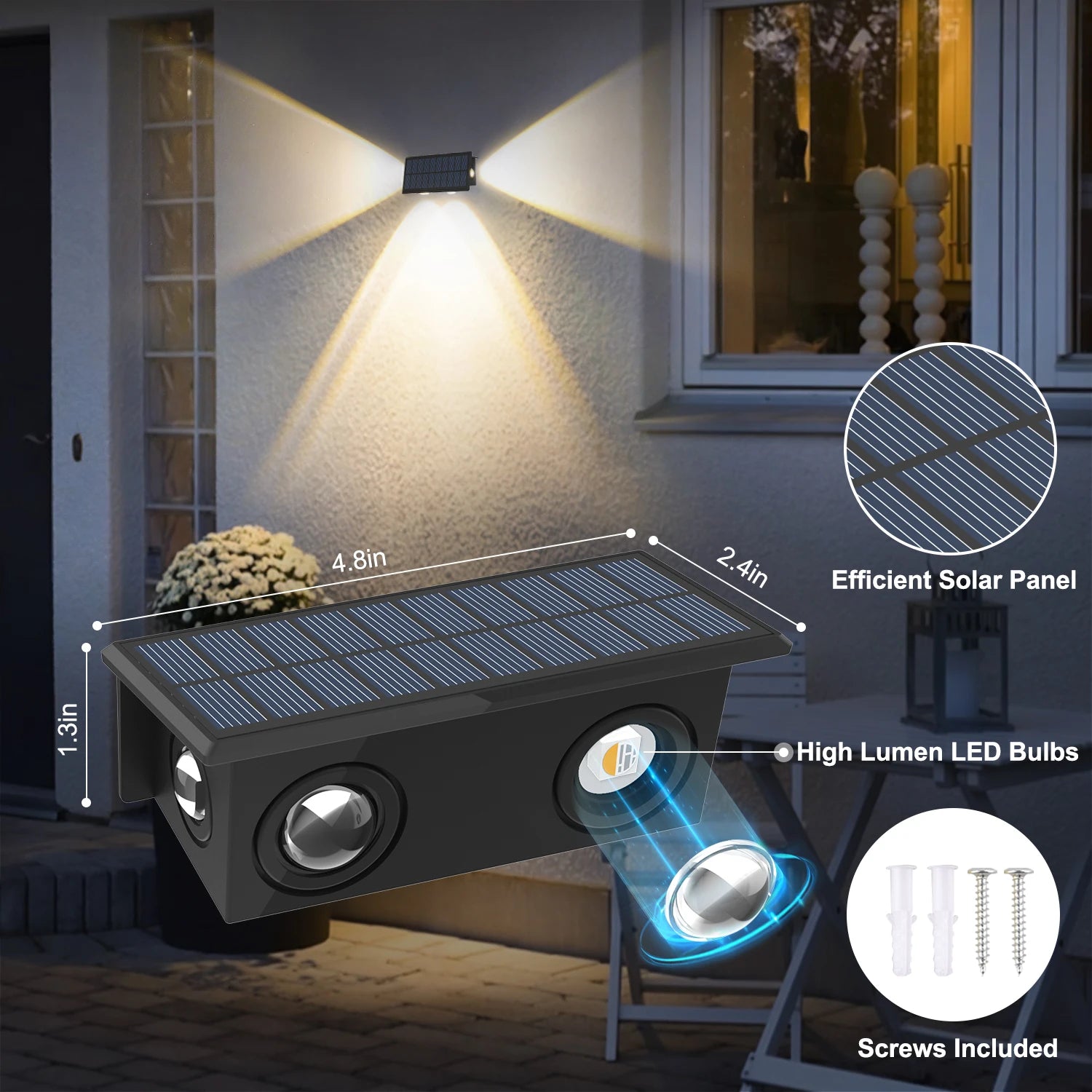 Applique murale solaire RGB LED – éclairage haut & bas, 8 modes, IP65, automatique crépuscule à l’aube