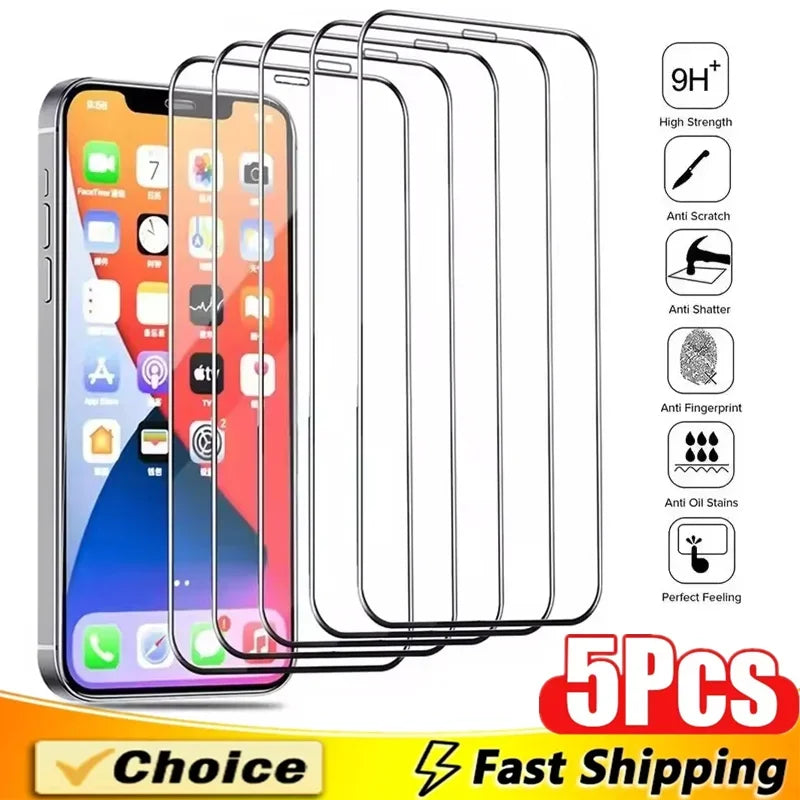Film de protection d'écran en verre trempé HD, 5 pièces, pour iPhone 13 11 12 14 15 Pro Max, couverture complète, pour iPhone 16 17 PRO XR X XS MAX