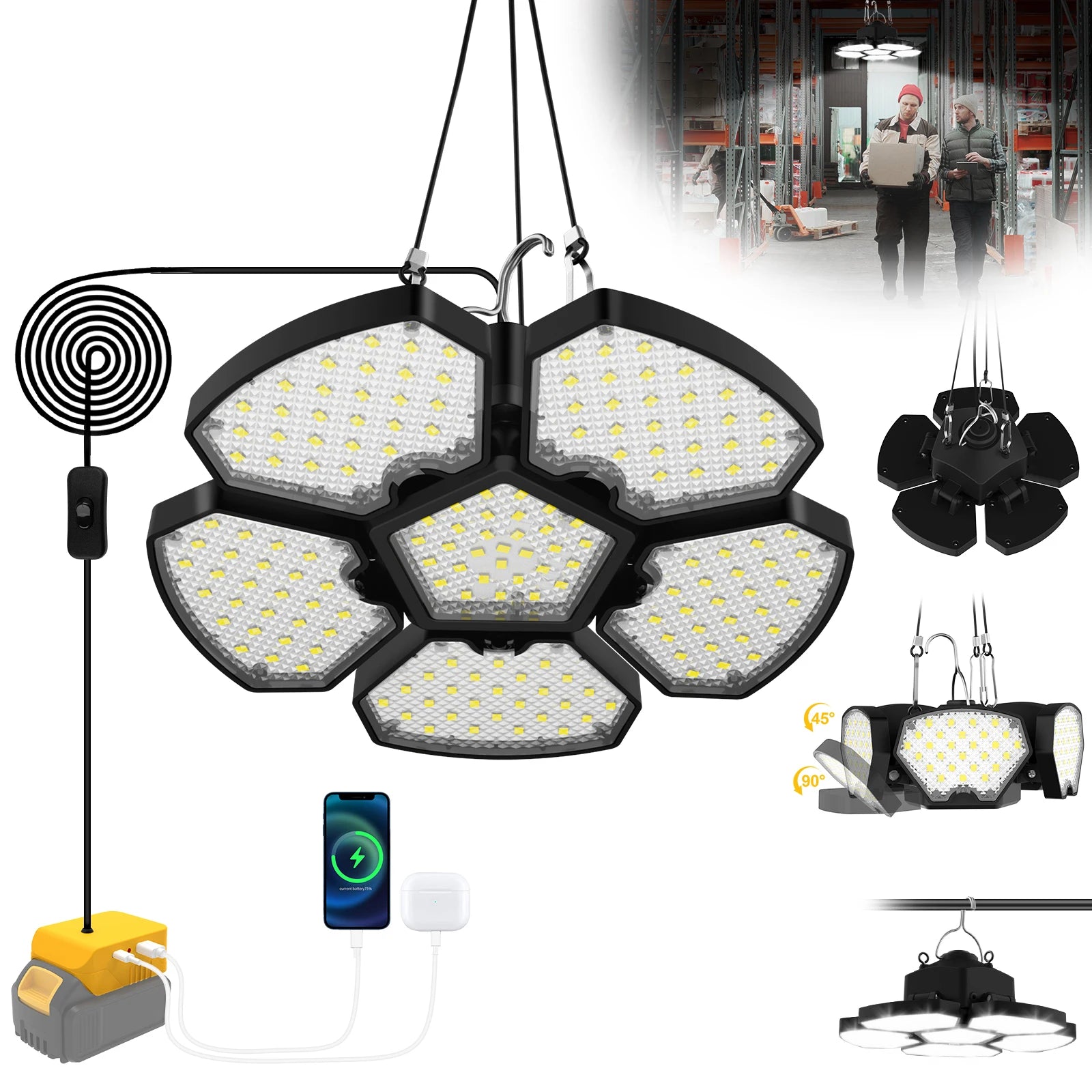 T-SUNRISE LED-Hängeleuchte – Kompatibel mit Dewalt 15-20V, 166 SMD2835 LEDs, verstellbarer Winkel, tragbare Garage- und Hallenbeleuchtung