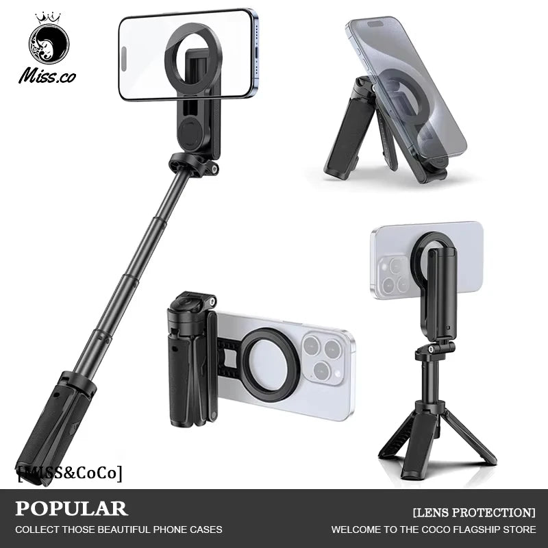Trépied magnétique sans fil 4-en-1 – Perche à selfie, poignée, support de bureau pour iPhone & Samsung