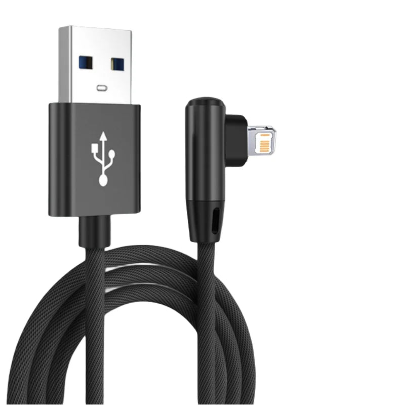 Câble USB à 90 degrés pour iPhone 14 13 12 11 Pro Max X XR 6s 7 8 Plus, 2m 3m, cordon de charge rapide pour téléphone portable, fil de chargeur de données