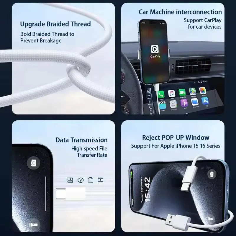 Câble USB-A vers USB-C tressé nylon – Charge rapide 22,5 W – Compatible Apple CarPlay iPhone 15 / 16 Pro / Pro Max / Plus