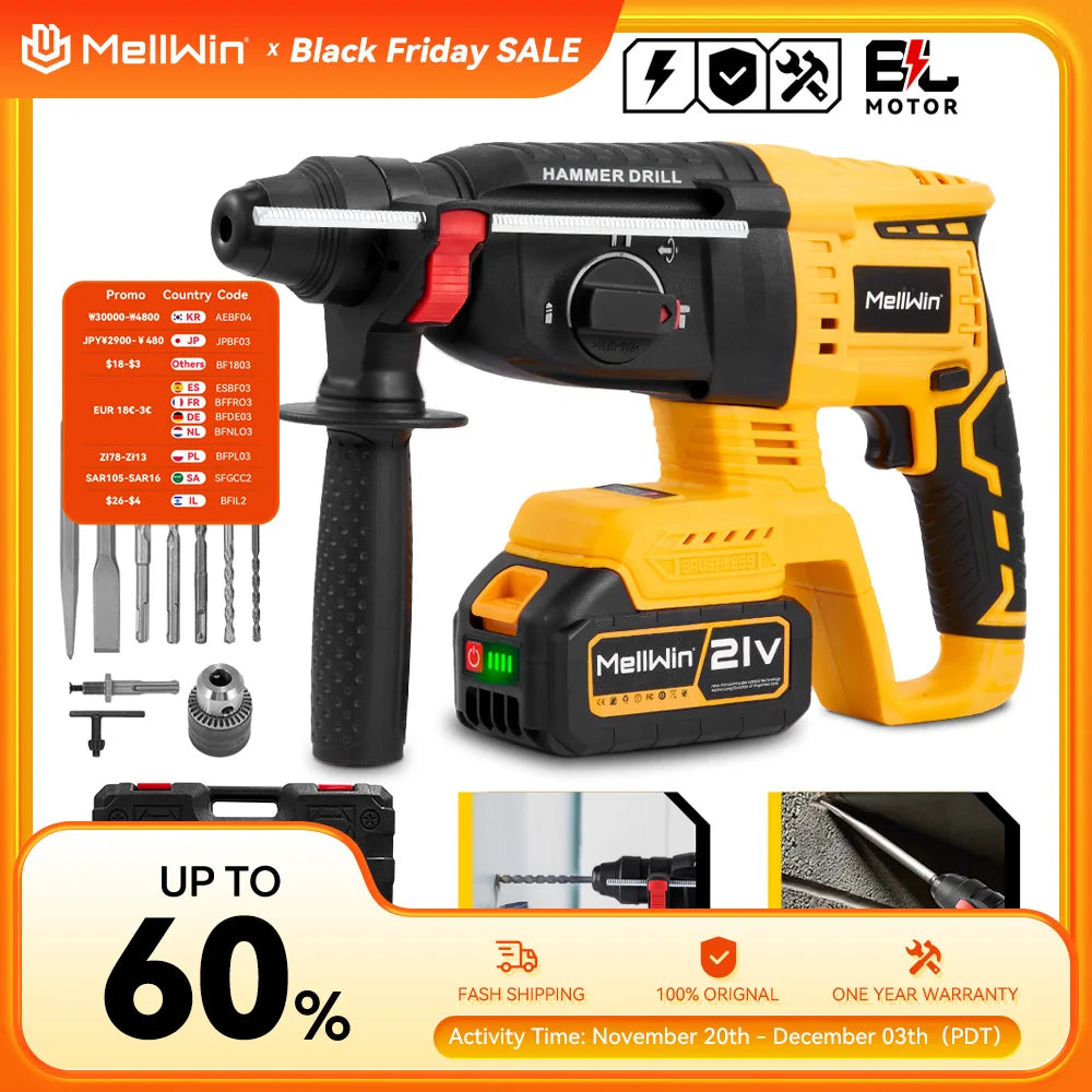 MELLWIN 3 en 1 marteau électrique sans brosse marteau à percussion multifonction pour acier béton bois pour Makita 18V batterie broche