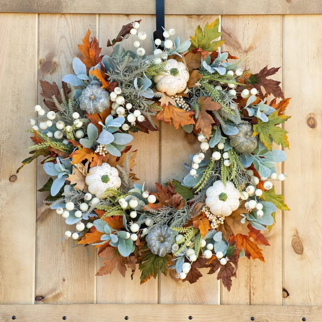 White Flower Wreath for Thanksgiving Decoration, Maple Wreath, Front Door, Indoor and Outdoor Wall, Home Decor, Fall