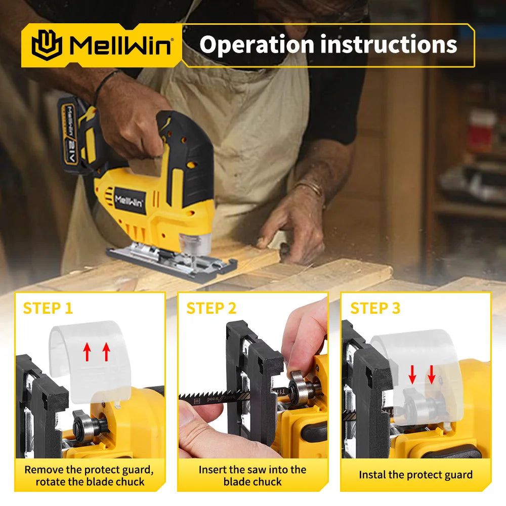 MELLWIN scie sauteuse électrique sans fil avec scie à chantourner sans fil à 31 lames outil de coupe multifonction pour le travail du bois pour Makita broche de batterie 18V