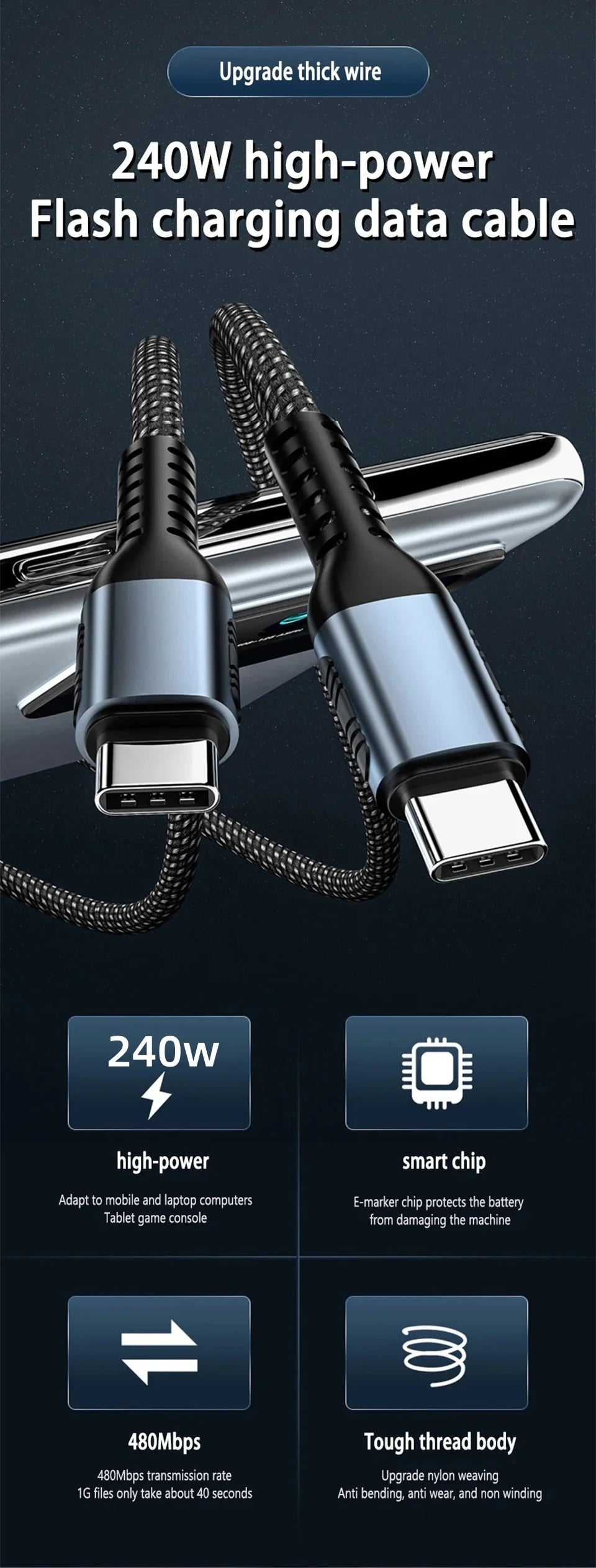 Câble USB C vers Type C, 240W, PD3.1, 48V, 5A, Câble de charge super rapide, iPhone 15, Xiaomi, Samsung S23, Huawei, Macbook