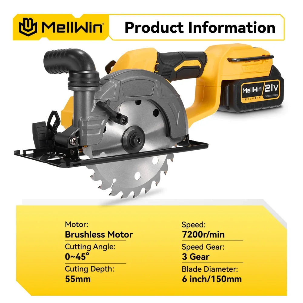 Scie circulaire électrique sans balais 150 mm MELLWIN – 6 pouces, angle réglable, outil de coupe pour le travail du bois pour broche de batterie 18 V