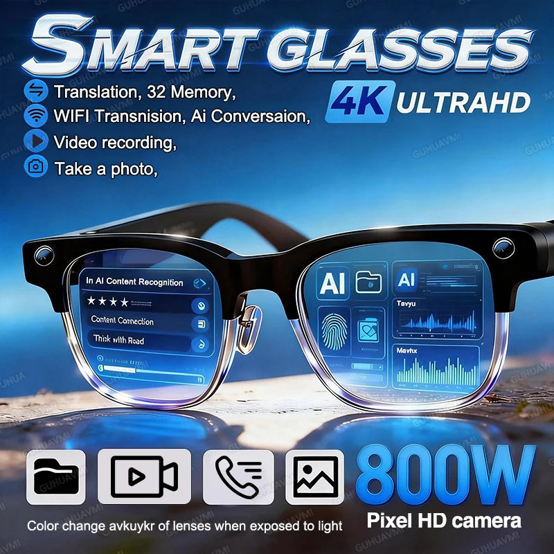 Lunettes intelligentes 800W Pixel 2026 GUHUAVMI W630 – Caméra IA, Appel Bluetooth 5.3, Traduction Vocale, Protection UV – Homme