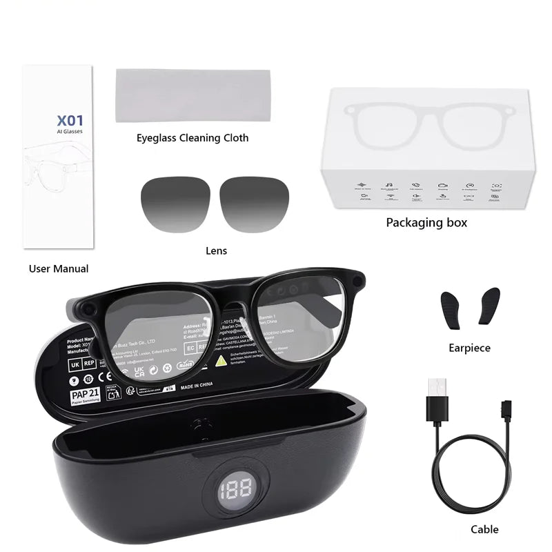 Lunettes Connectées Hganus Nouvelle Version Améliorée 800W avec Caméra, Étui Batterie 3600 mAh, Traduction IA, Enregistrement Photo/Vidéo
