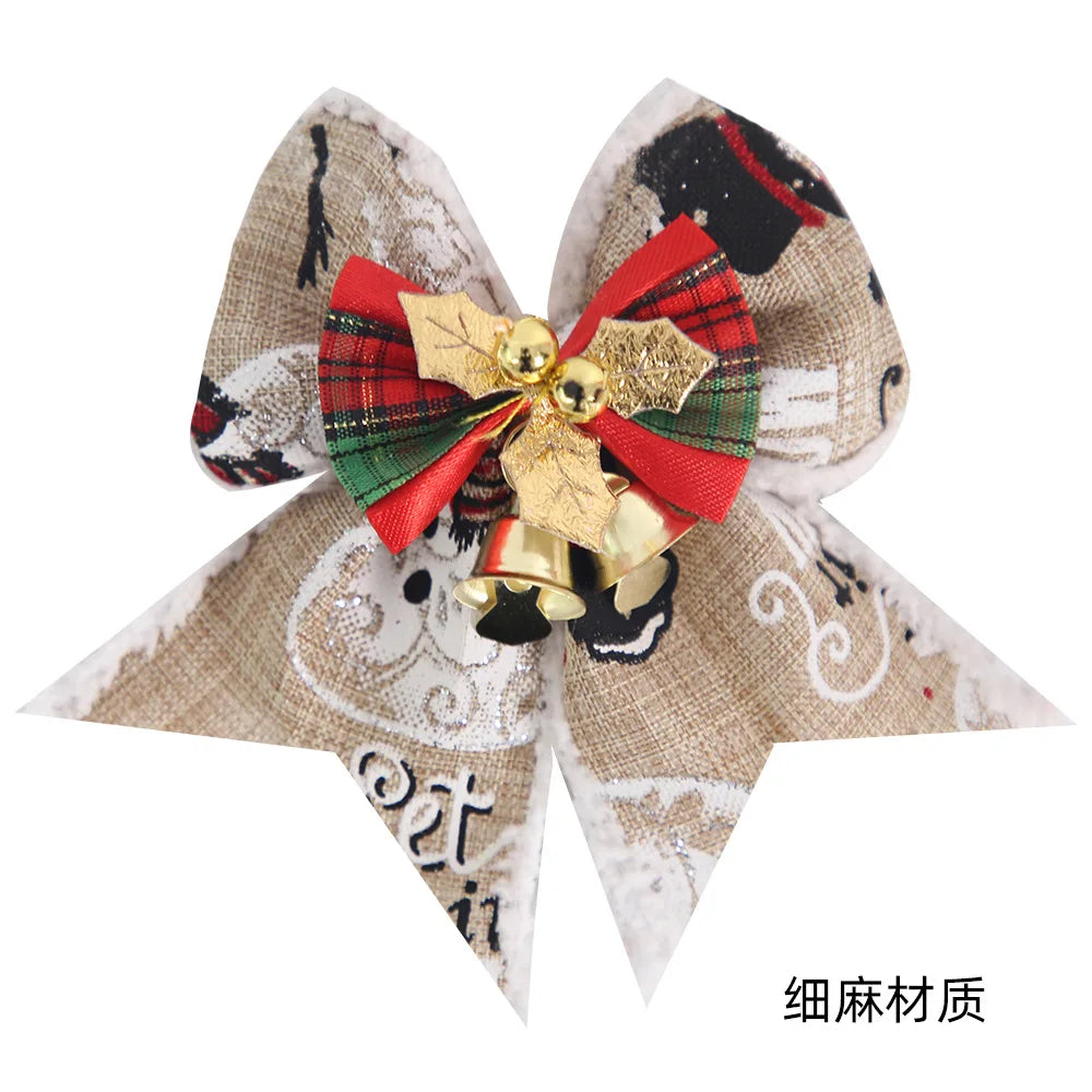 Noeud de ruban de lin vintage, décorations d'arbre de Noël, nœuds de cloche, décoration de boîte cadeau de fête à la maison, paquet de 4 pièces
