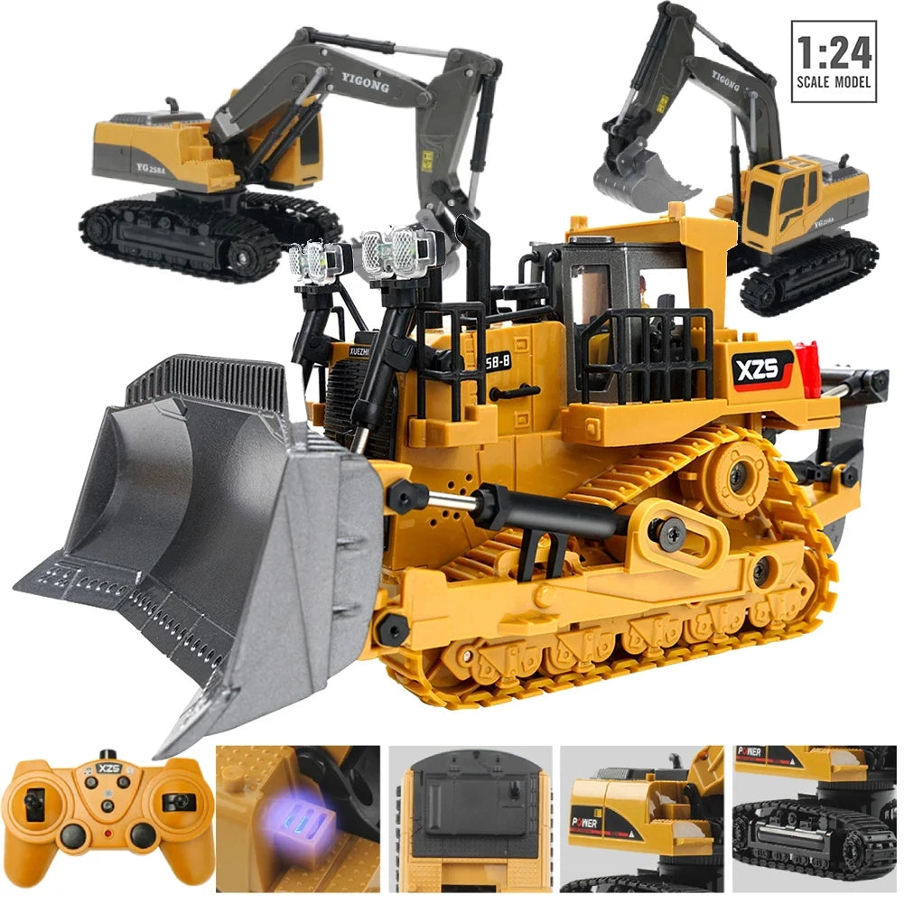 Multifunctional RC Bulldozer for Kids, 1:24 Scale 9CH, Plastic Excavator 