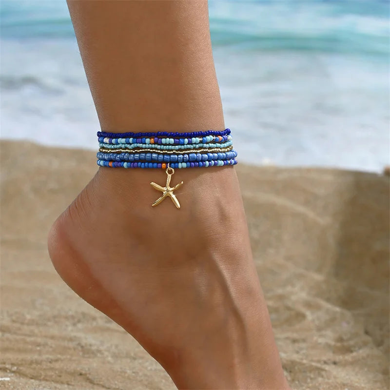 Colorful Beaded Anklet for Women Starfish Pendant Rice Beads Summer Fashion Multilayer Bracelet Bohemian Leg Jewelry