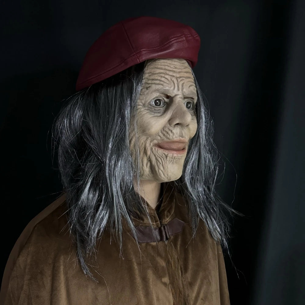 Masque d'Halloween effrayant en caoutchouc pour Grand-mère – Bouche Mobile, Vieille Femme / Sorcière, avec Perruque et Béret Rouge