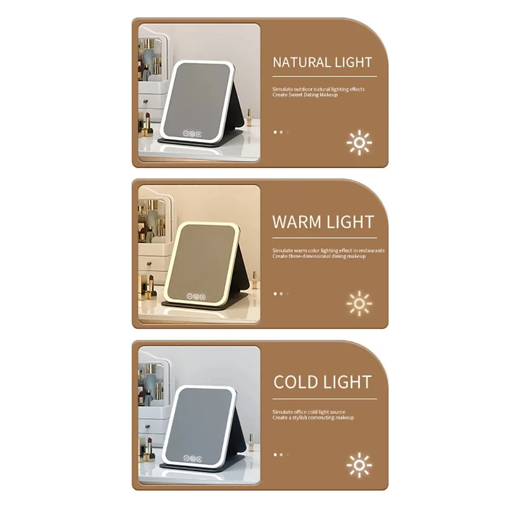 Miroir de Maquillage LED Pliable – 3 Couleurs, Tactile, Rechargeable, Voyage & Maison