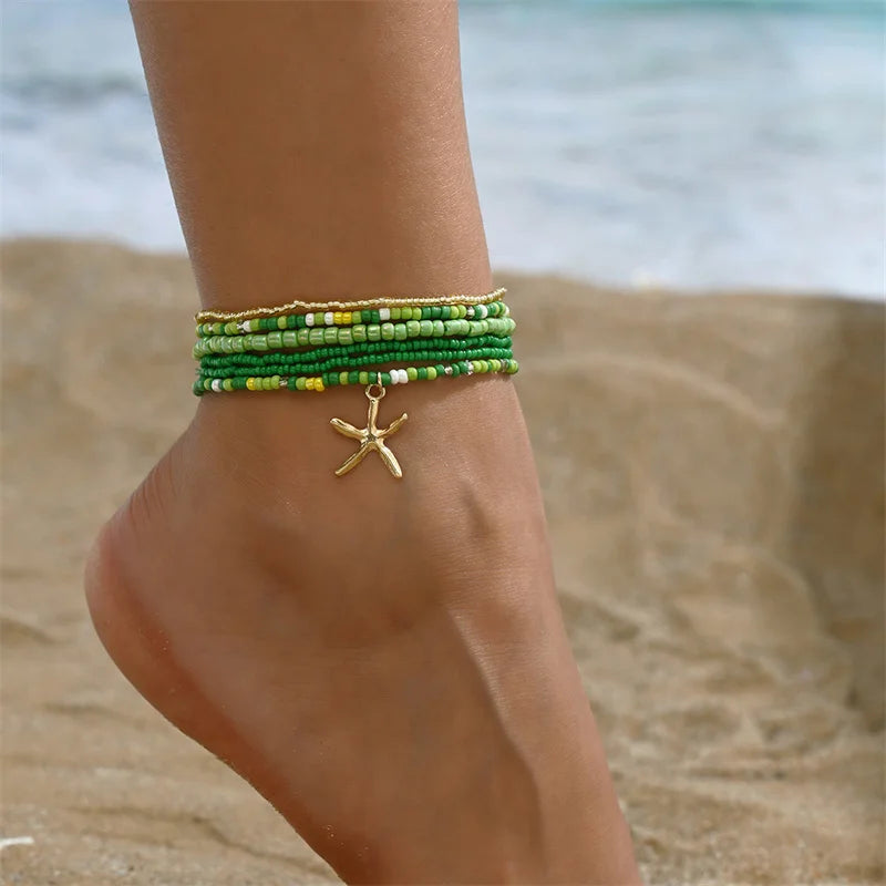 Colorful Beaded Anklet for Women Starfish Pendant Rice Beads Summer Fashion Multilayer Bracelet Bohemian Leg Jewelry