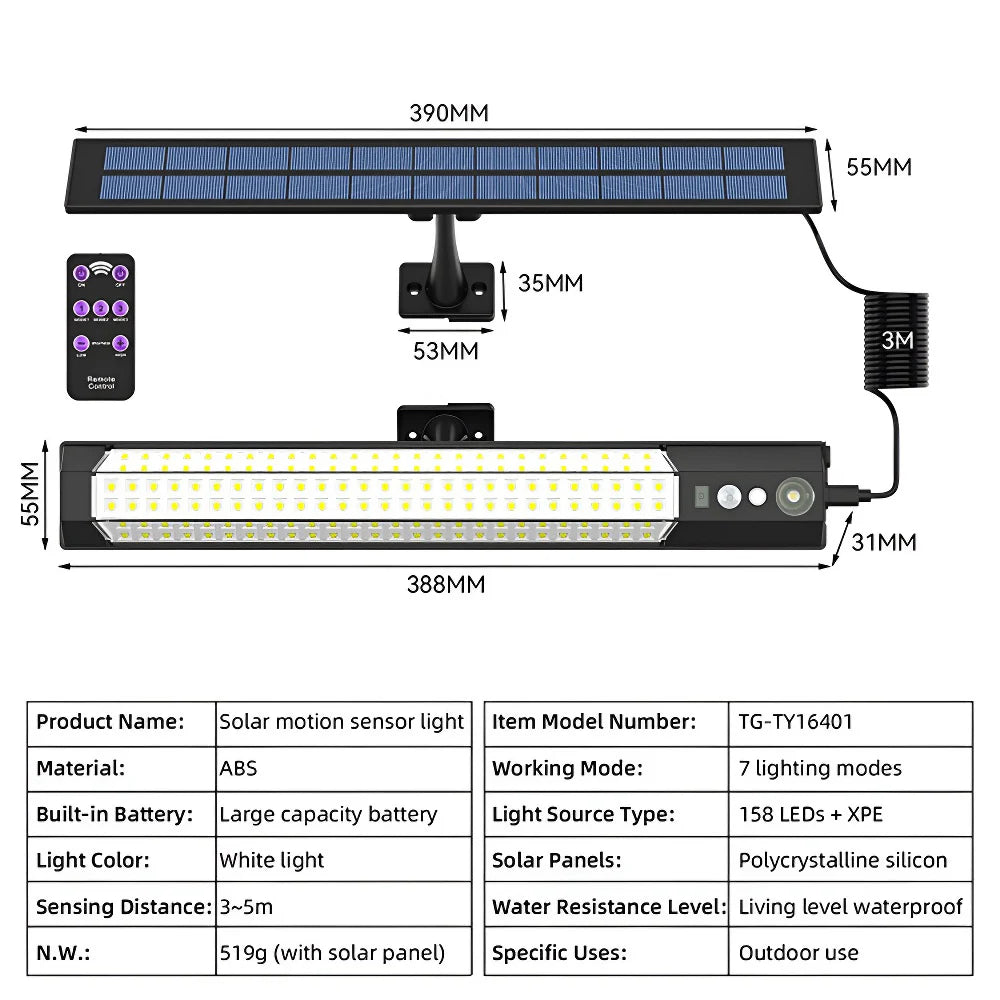 Lampe solaire LED T-NEWSTYLE 316/158 LED – Applique murale avec capteur de mouvement, IP65, éclairage extérieur pour jardin, clôture et camping