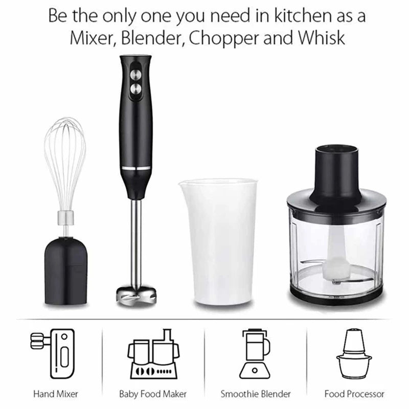Mixeur Mélangeur Électrique 4 en 1 à Main par Immersion 500W – Lames Inox, Hachoir Viande & Légumes, Fouet à Œufs